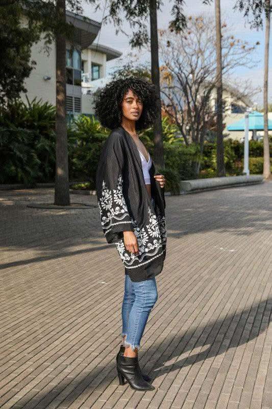 Embroidered Floral Vine Lightweight Kimono - SwagglyLife Home & Fashion
