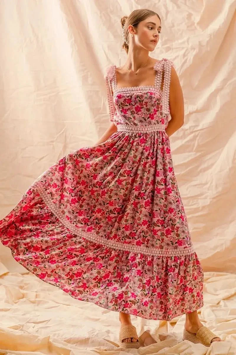 SO ME Floral Maxi Dress With Ribbon Tie Lace Strap in PINK COMBO - photo
