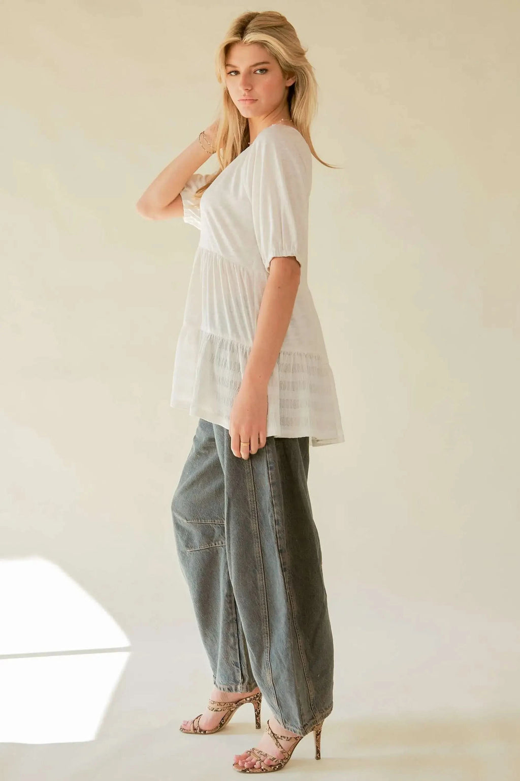 Davi & Dani Ruffled Flared Short Sleeve V Neck Blouse in - photo