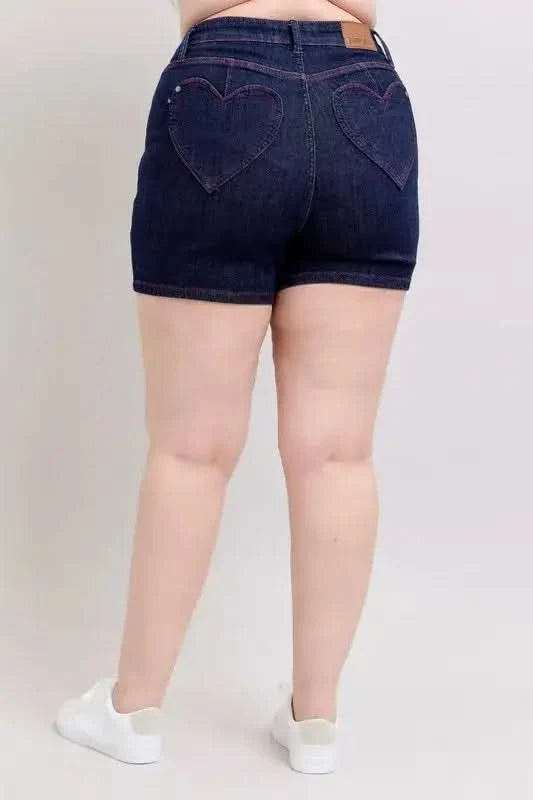 Judy Blue Plus Size HW Heart Shaped Pkts & Red Contrast Thread Denim Shorts - SwagglyLife Home & Fashion