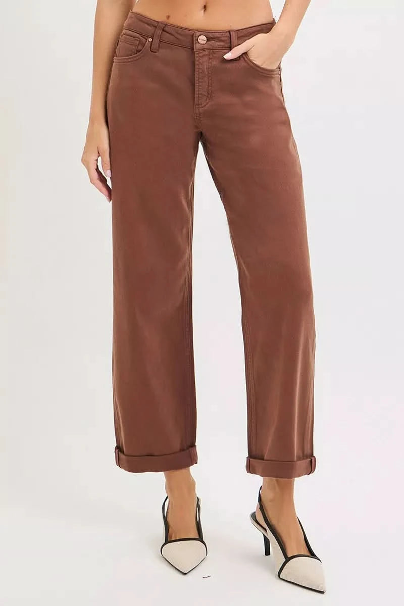 RISEN Full Size Tummy Control Mid Rise Ankle Barrel Baggy Plus Size in COCOA - photo