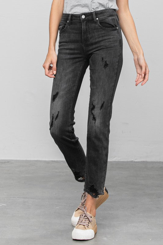 Mid Rise Distressed Straight Jeans in BLACK - photo