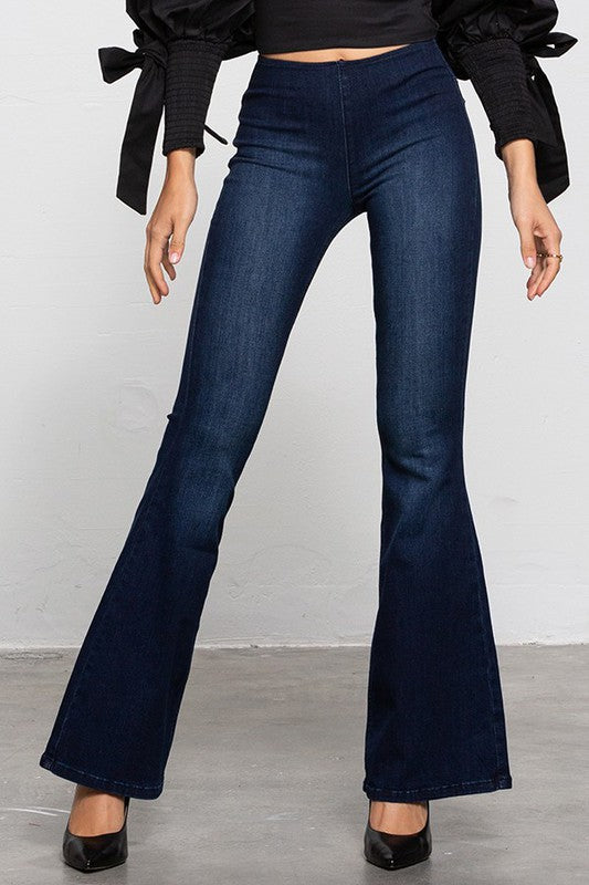 MID-RISE BANDED WIDER FLARE JEANS in DARK - photo