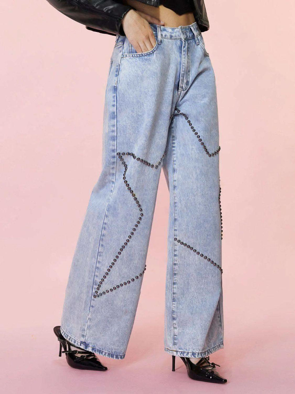 Studded Star Straight Jeans with Pockets - SwagglyLife Home & Fashion
