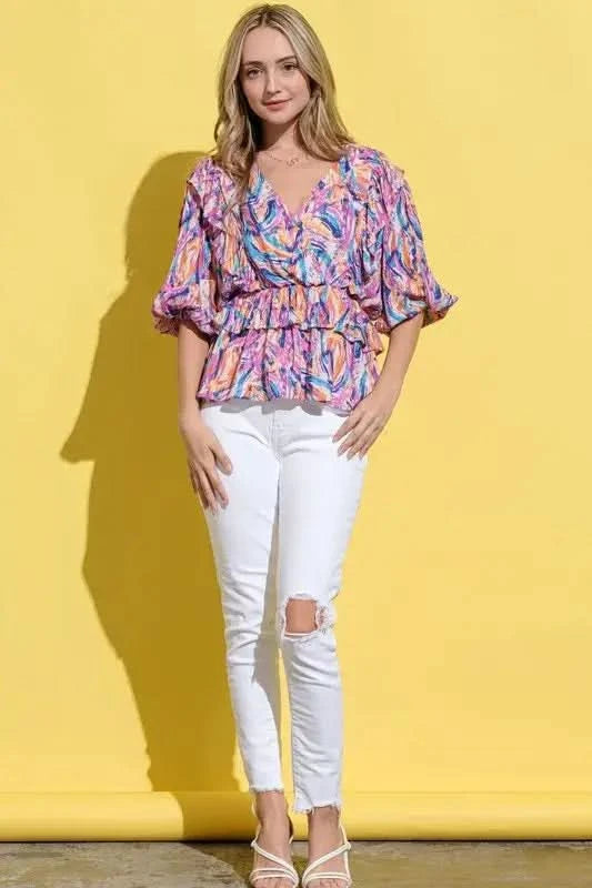 And The Why Printed Lantern Sleeve Blouse - SwagglyLife Home & Fashion And The Why Printed Lantern Sleeve Blouse - SwagglyLife Home & Fashion