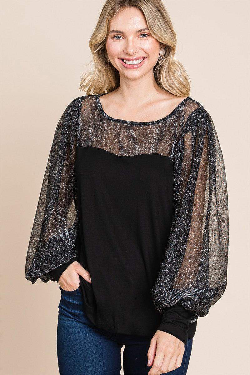 Super Lady Full Size Metallic Mesh Lantern Sleeve Blouse in - photo