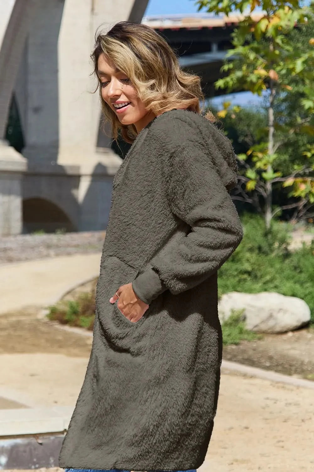 Double Take Full Size Hooded Teddy Bear Jacket with Thumbholes in - photo