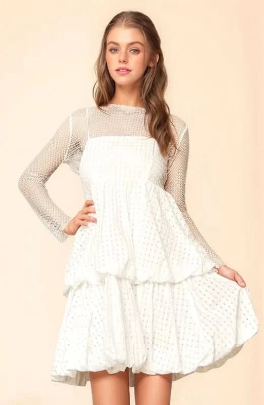 Davi & Dani Checker Print Side Pockets Textured Mini Dress in White - photo