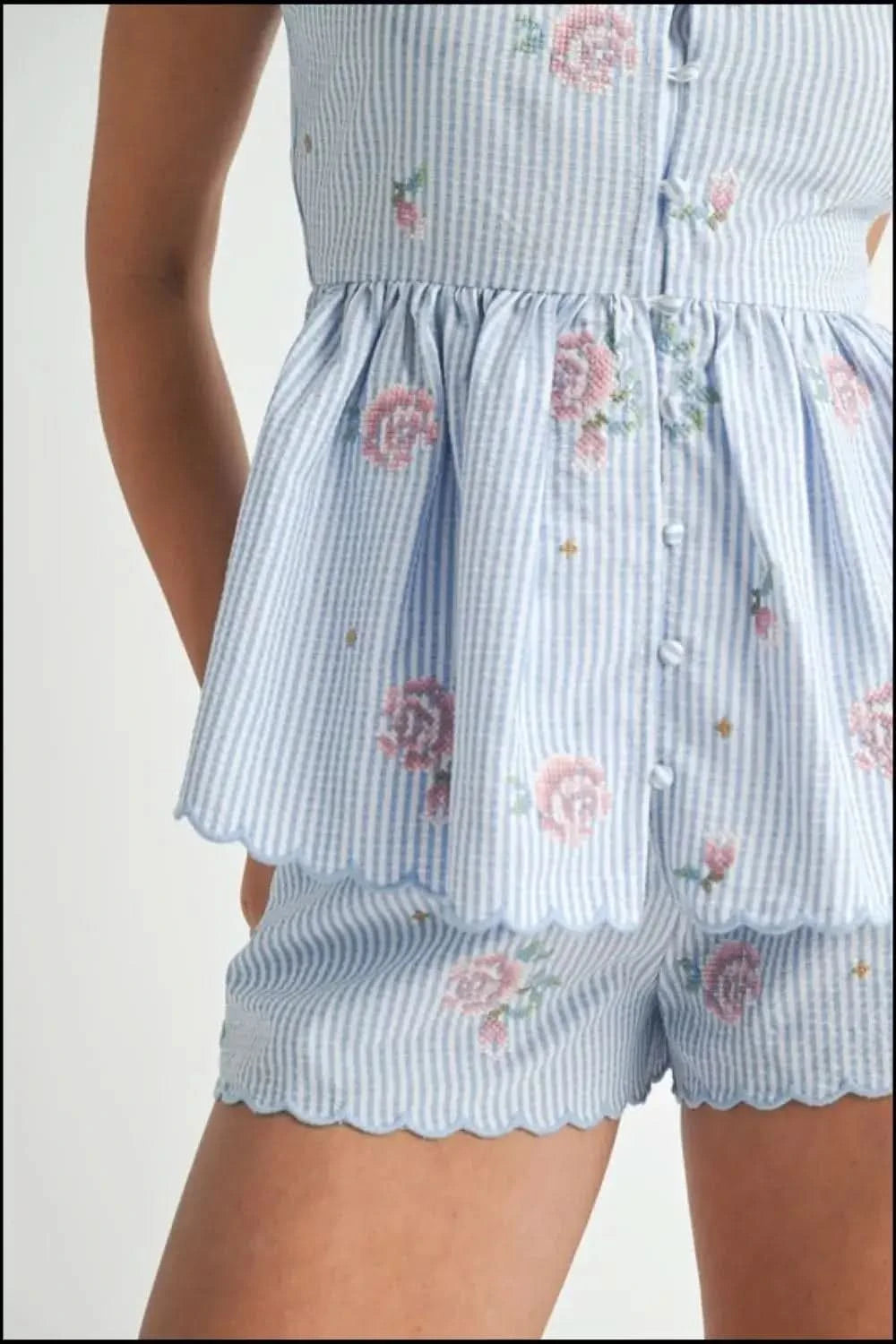 MABLE Stripe Embroidered Peplum Cami and Shorts Set in - photo