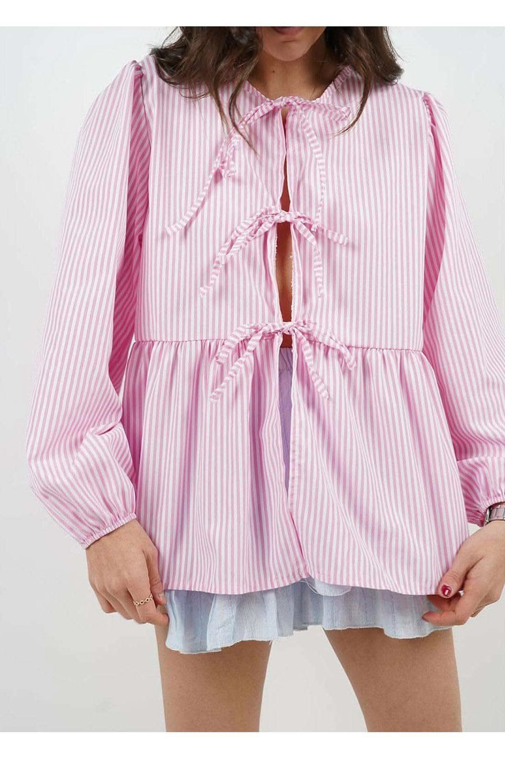 Susan Tied Round Neck Long Sleeve Blouse - SwagglyLife Home & Fashion