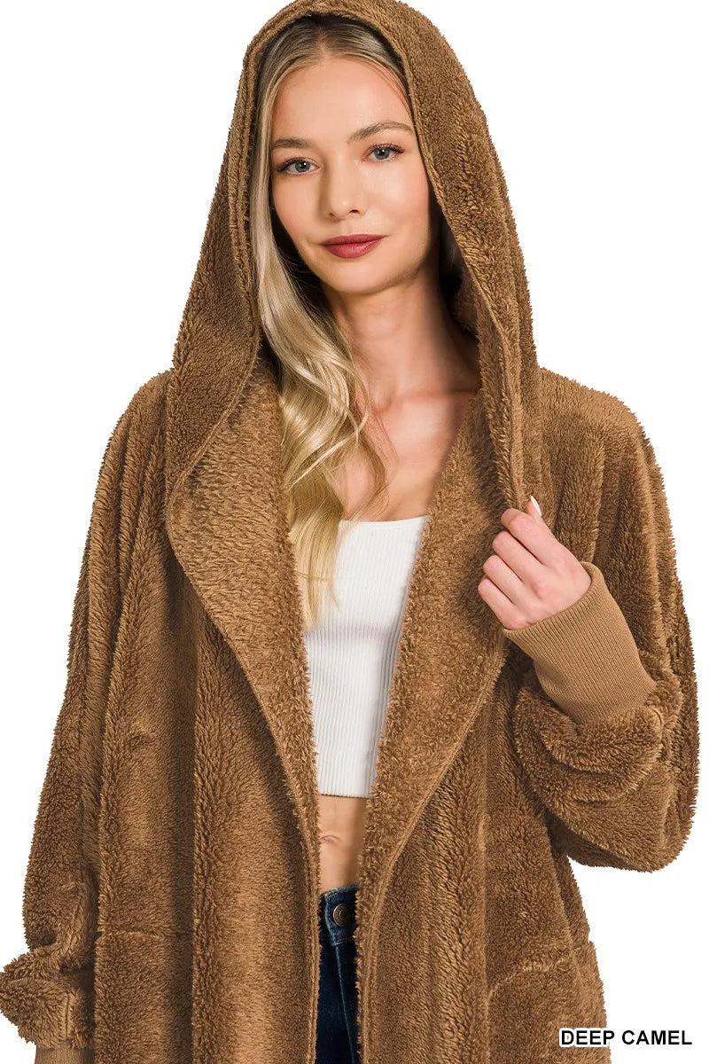 Zenana Hooded Faux Fur Jacket with Pockets in - photo