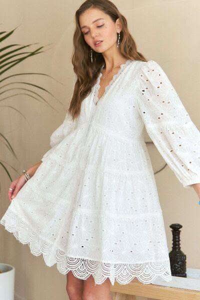 ADORA Lace Detail Tiered Eyelet V-Neck Babydoll Dress - SwagglyLife Home & Fashion