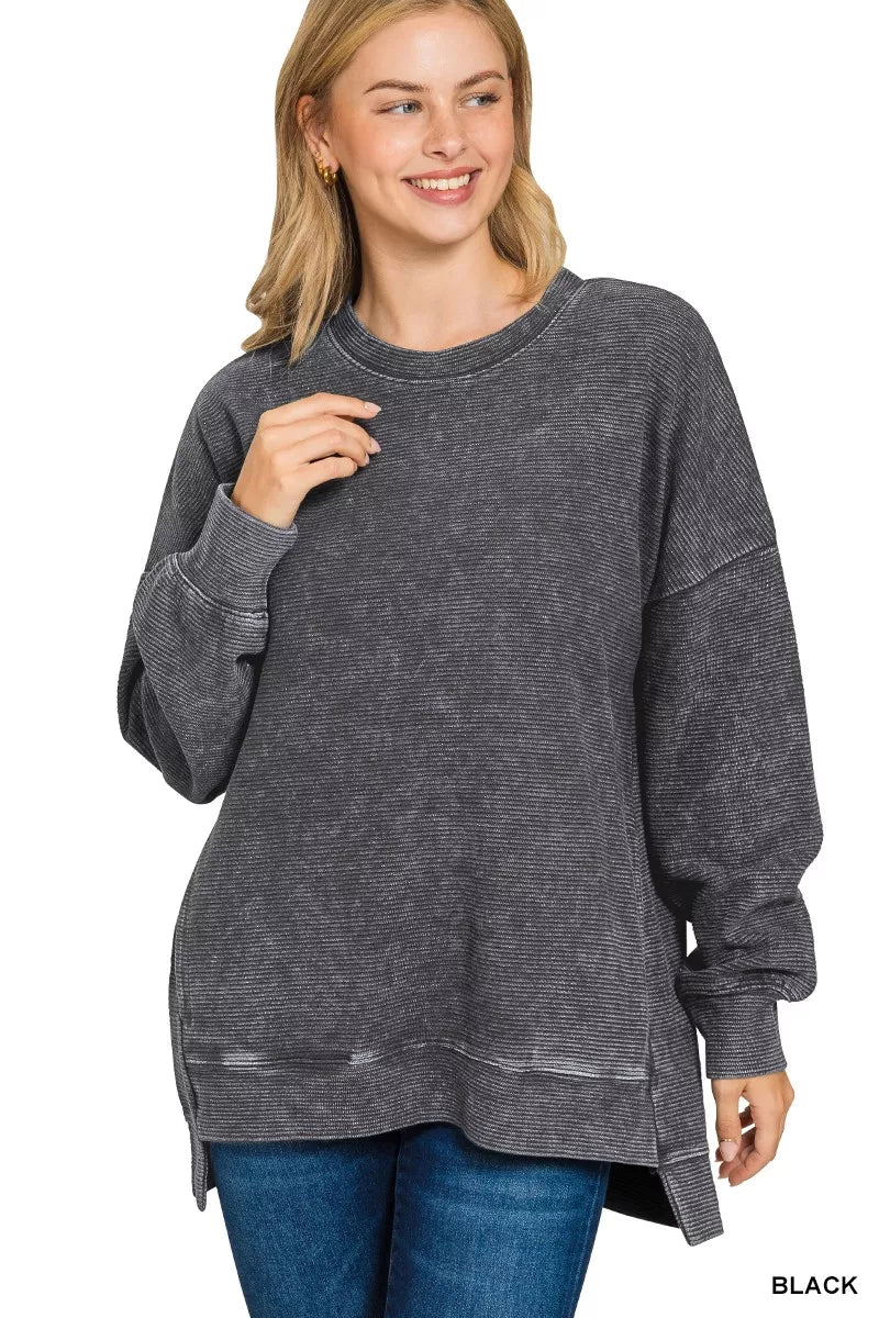 Zenana Full Size Acid Washed Double Ribbed Hi-low Sweatshirt Plus Size in BLACK - photo