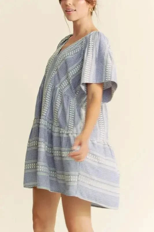 Davi & Dani Embroidered Stripe Ruffled Gingham Mini Dress in - photo