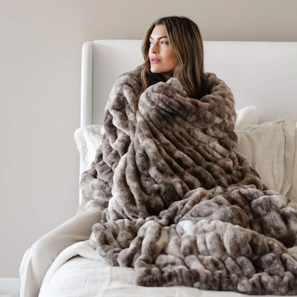 DOUBLE RUCHED FAUX FUR THROW BLANKETS - SwagglyLife Home & Fashion