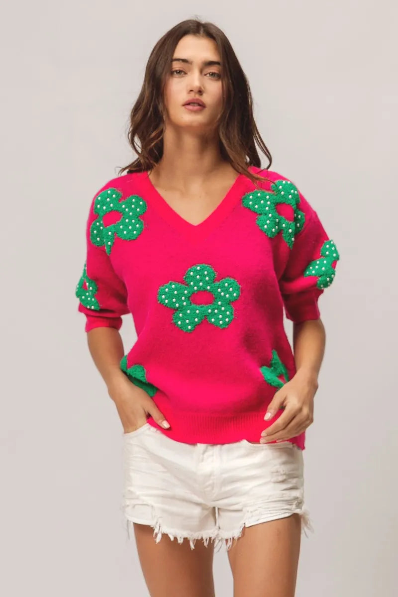 BiBi Pearl Beads Flowers Sweater Top in - photo