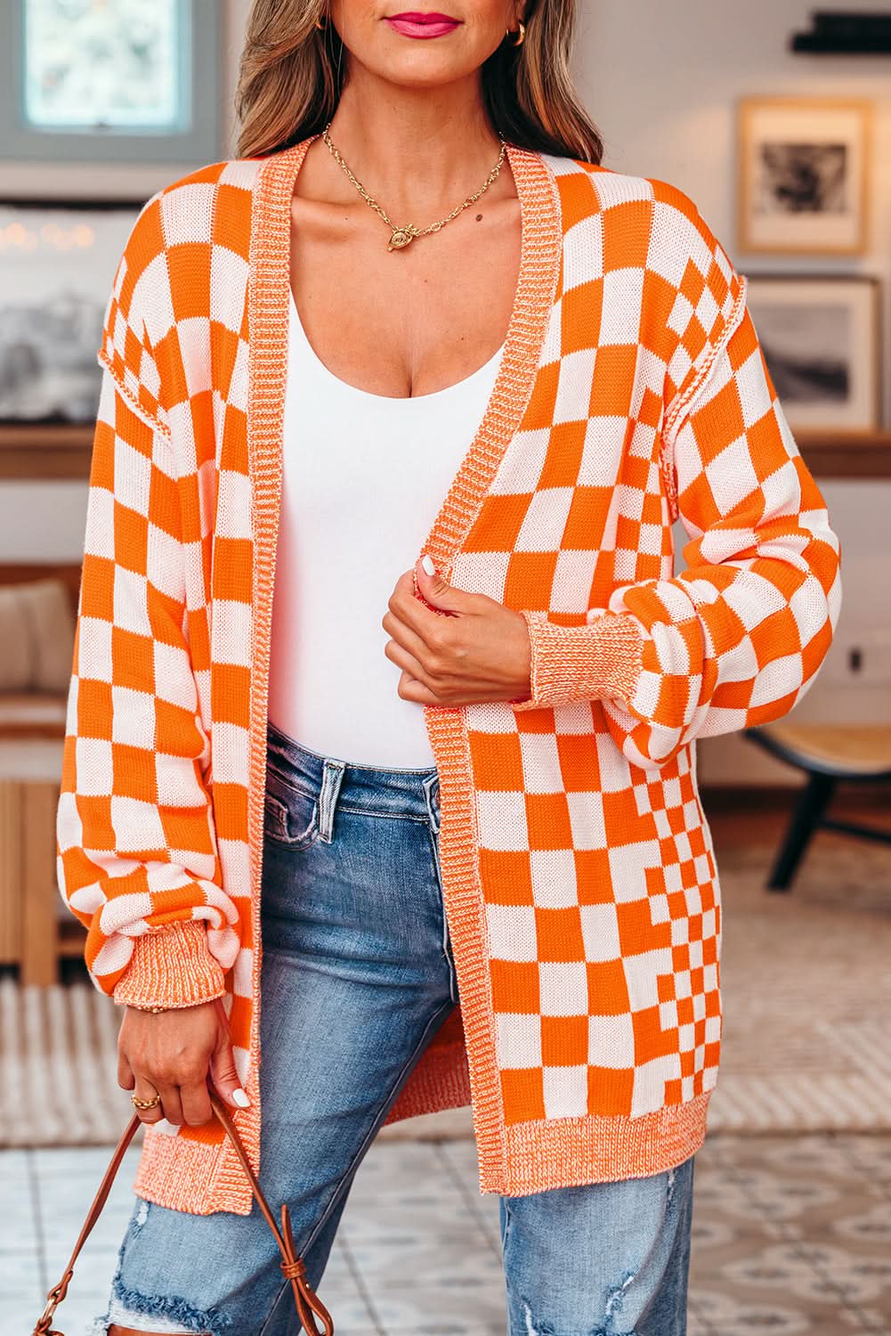 Wrenley Checkered Open Front Drop Shoulder Cardigan in - Sweaters & Cardigans/Cardigans photo