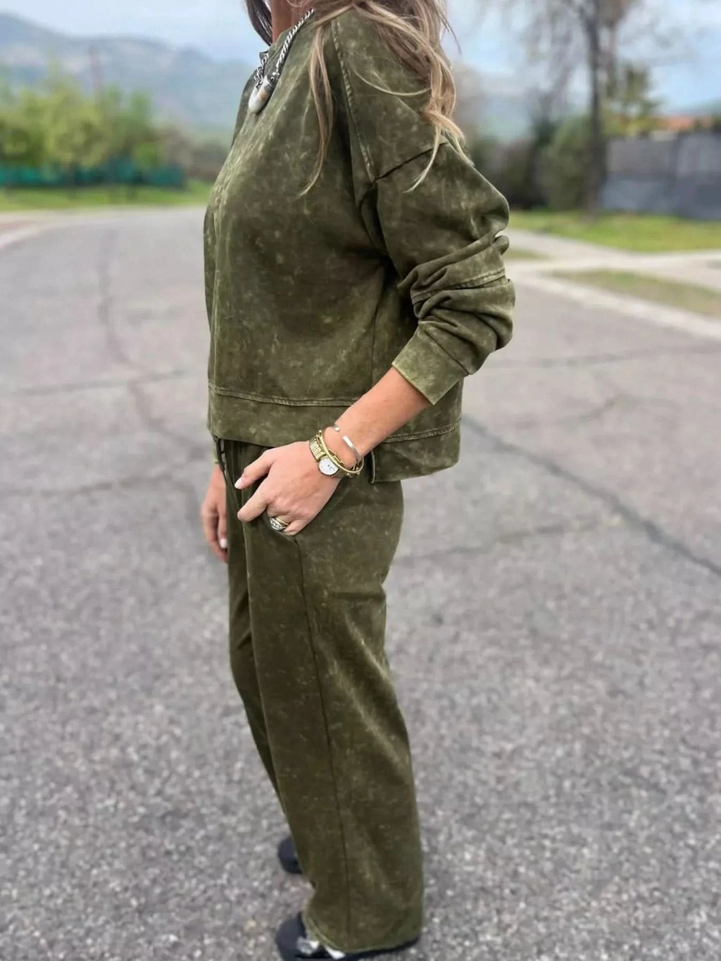Full Size Washed Round Neck Top and Drawstring Pants Set Plus Size in - photo