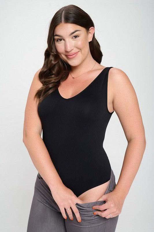 Reversible V-Neck Basic Tank Top Thong Bodysuit in Black Plus - photo