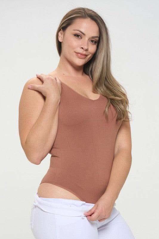 Reversible V-Neck Basic Tank Top Thong Bodysuit in Mocha Plus - photo