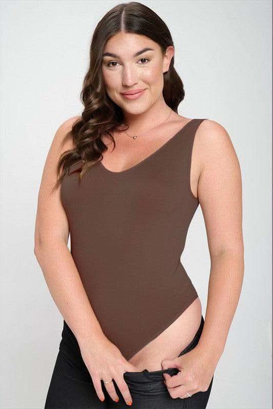 Reversible V-Neck Basic Tank Top Thong Bodysuit in Coffee Plus - photo