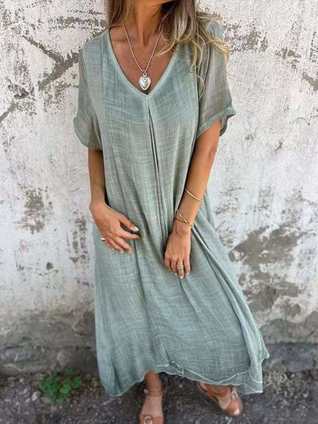 Full Size V-Neck Short Sleeve Midi Dress Plus Size in Air Force Blue - dresses photo