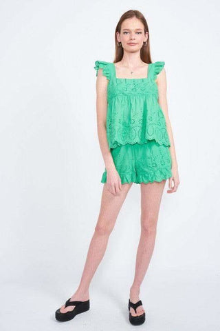 Bailee Ruffle Sleeve Hem Eyelet Top - SwagglyLife Home & Fashion Bailee Ruffle Sleeve Hem Eyelet Top - SwagglyLife Home & Fashion