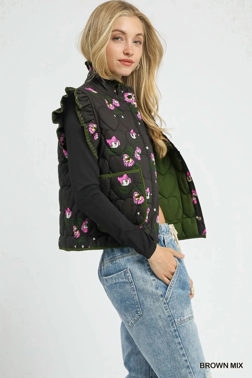 Umgee Ruffled Quilted Floral Snap Down Vest in - photo