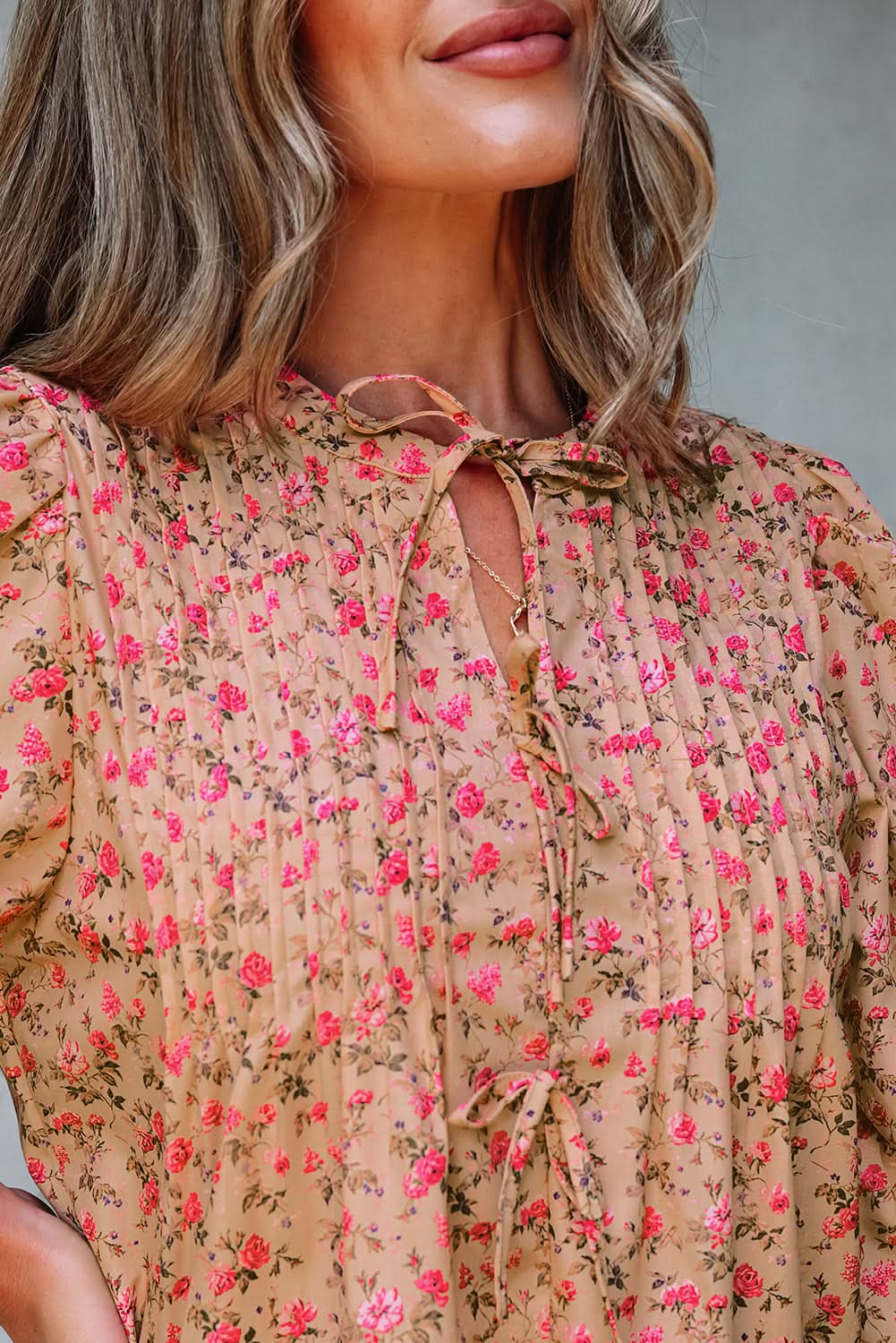 Sadie Floral Bow Pin-tuck Bust Half Puff Sleeve Blouse in - Tops/Blouses & Shirts photo