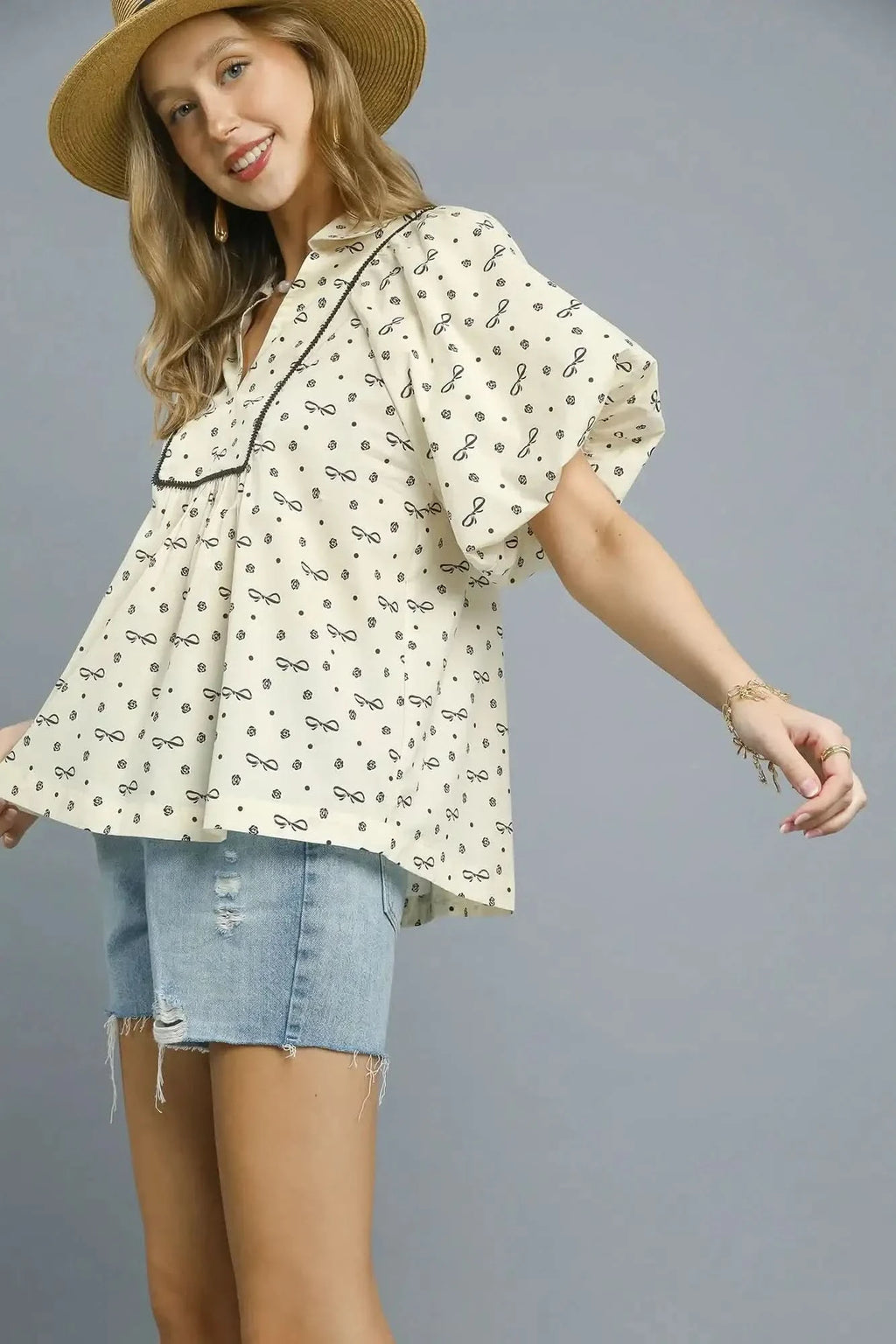 Umgee Bow Print Puff Sleeve Blouse - SwagglyLife Home & Fashion
