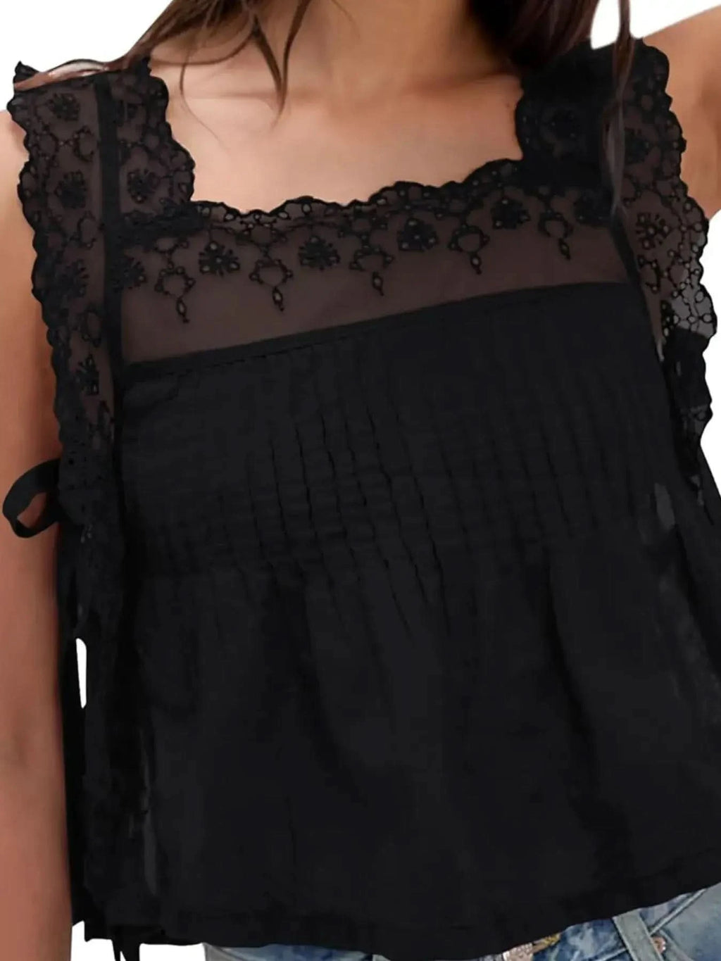 Lace-Trimmed Eyelet Square Neck Top in - photo