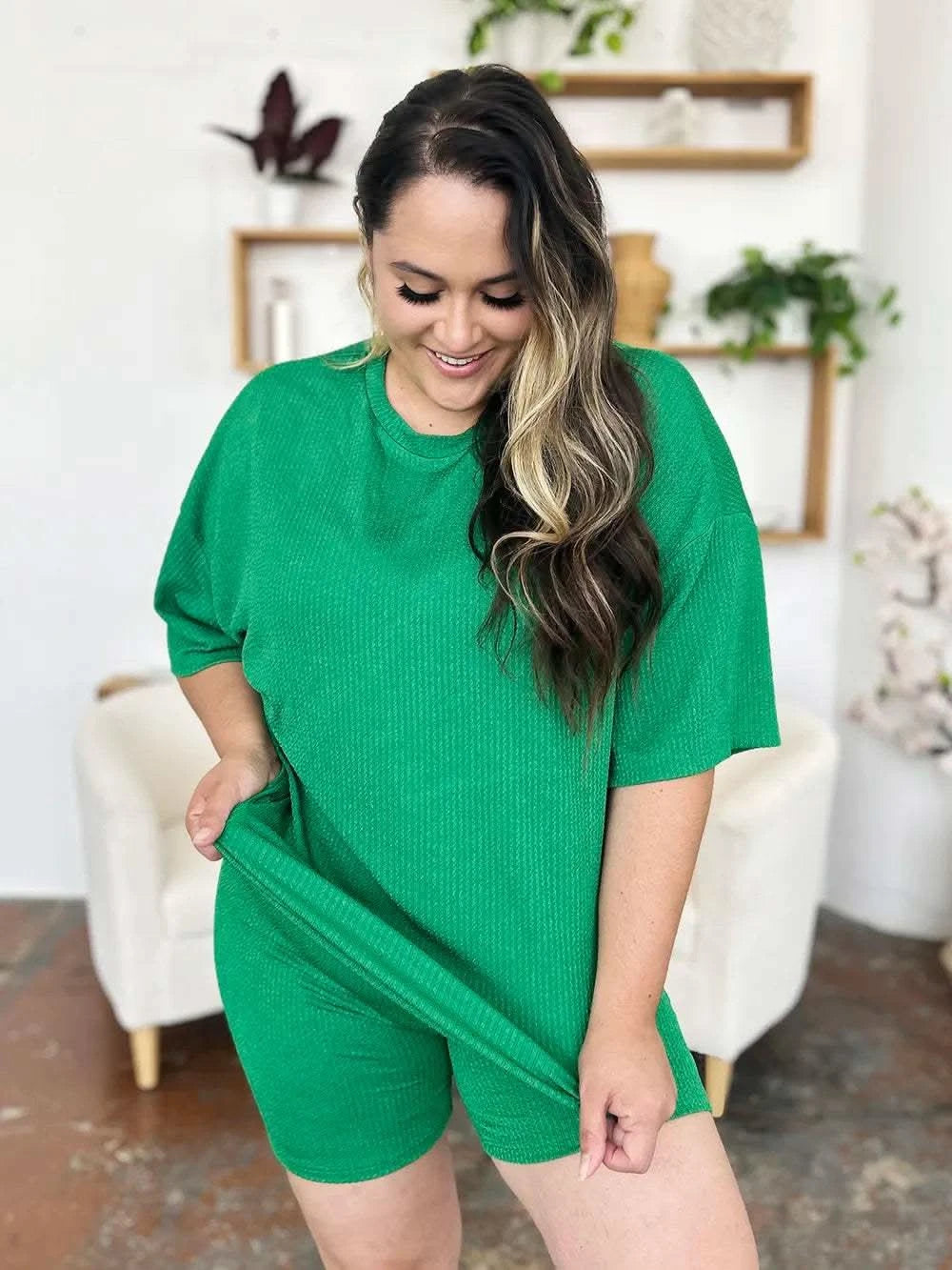 Double Take Full Size Texture Round Neck Drop Shoulder T-Shirt and Shorts Set - SwagglyLife Home & Fashion