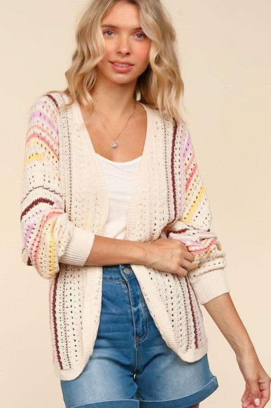 Haptics Full Size Striped Crochet Open Front Cardigan in - photo