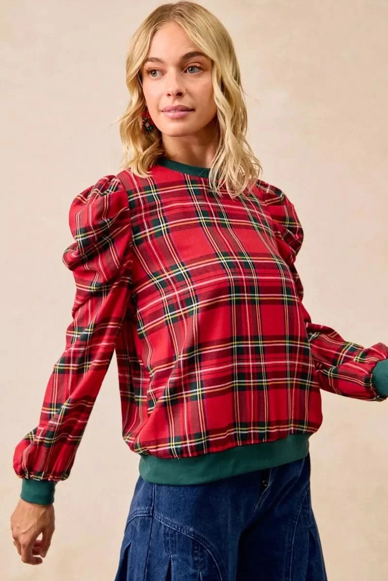 BiBi Christmas Plaid Exaggerated Shoulder Sleeves Top in - photo