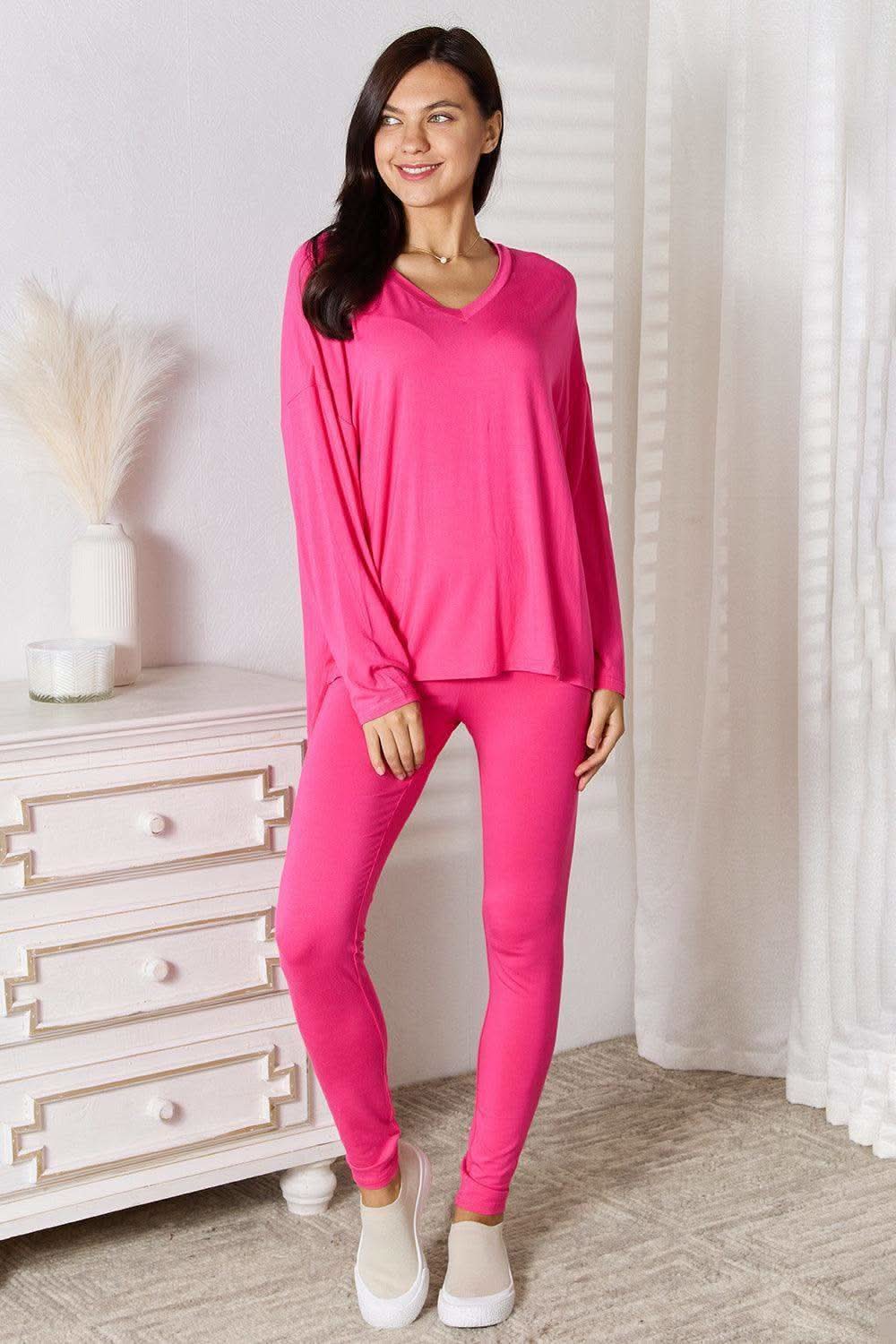 Basic Bae Full Size V-Neck Soft Rayon Long Sleeve Top and Pants Lounge Set in Hot Pink - Loungewear photo