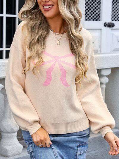 Angel Wings Bow Graphic Round Neck Long Sleeve Sweater in Tan - photo