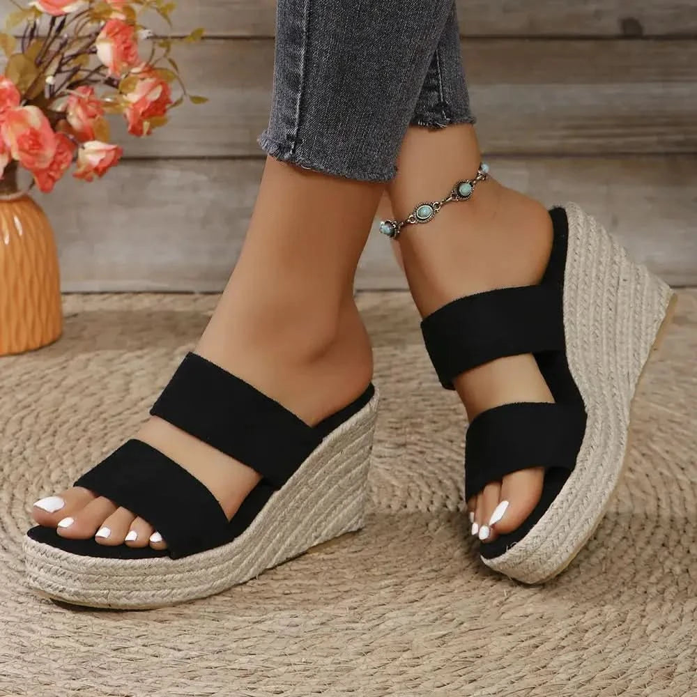 Open Toe Platform Wedge Sandals in Black - photo