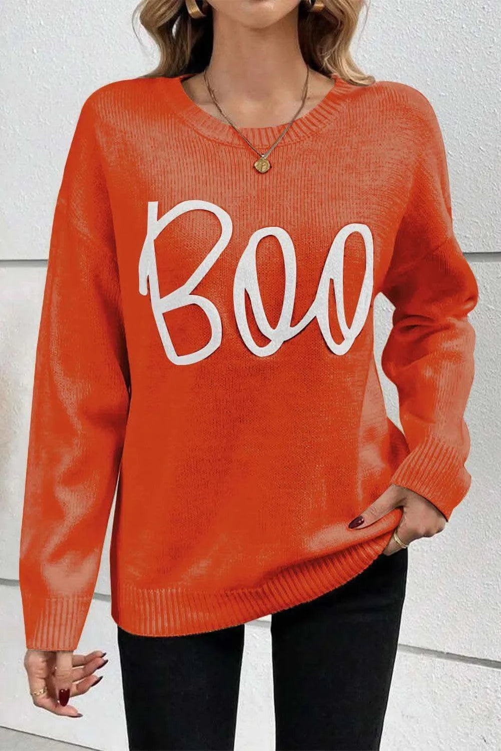 BOO Round Neck Long Sleeve Sweater - SwagglyLife Home & Fashion BOO Round Neck Long Sleeve Sweater - SwagglyLife Home & Fashion