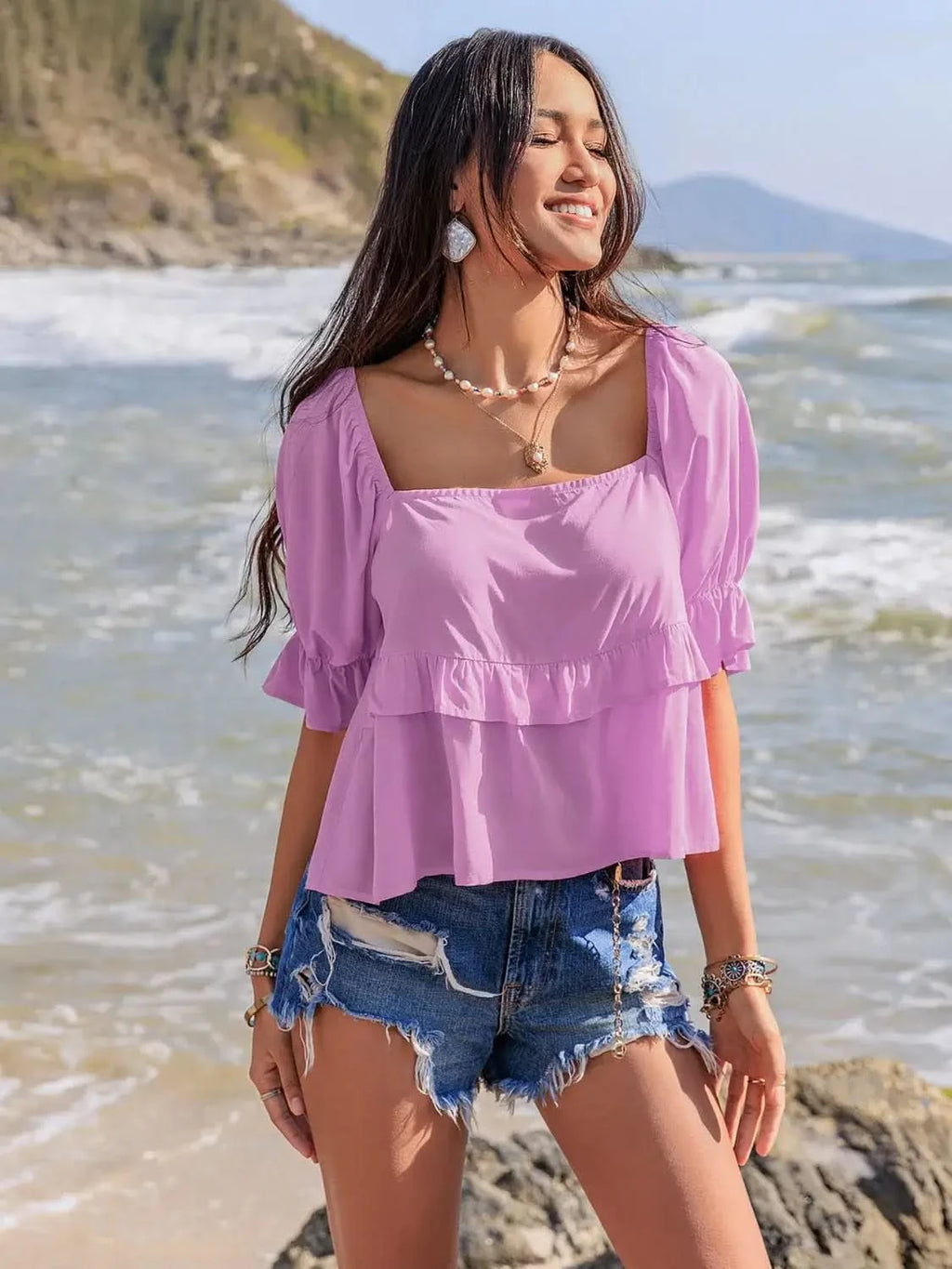 Ruffled Square Neck Half Sleeve Blouse in Heliotrope Purple - photo