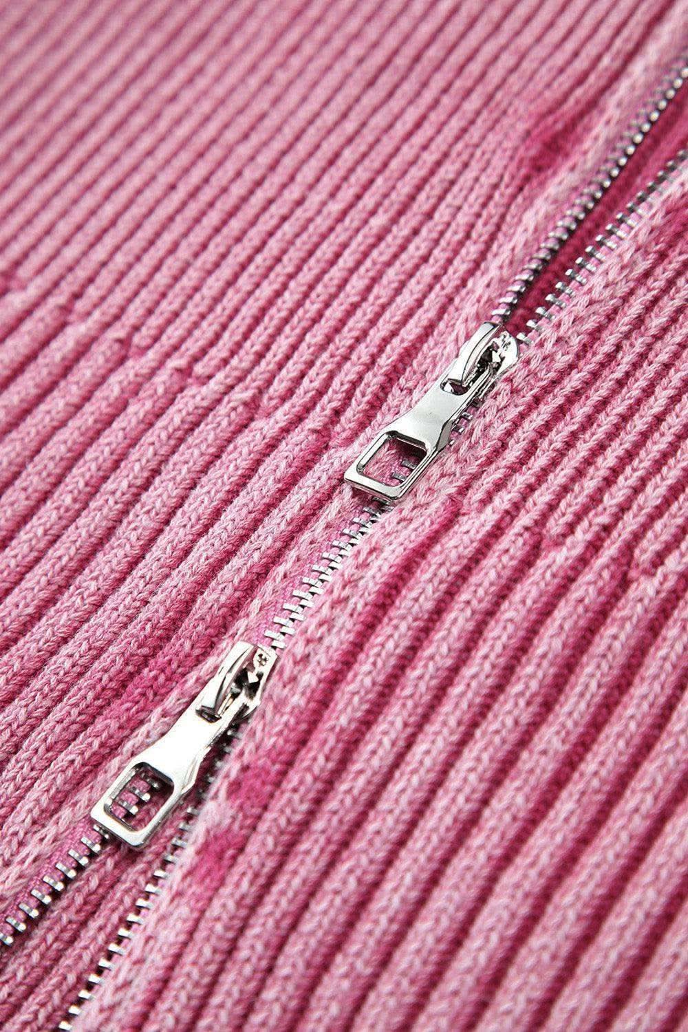 Double Take Ribbed Off-Shoulder Zip Up Long Sleeve Cardigan in - photo