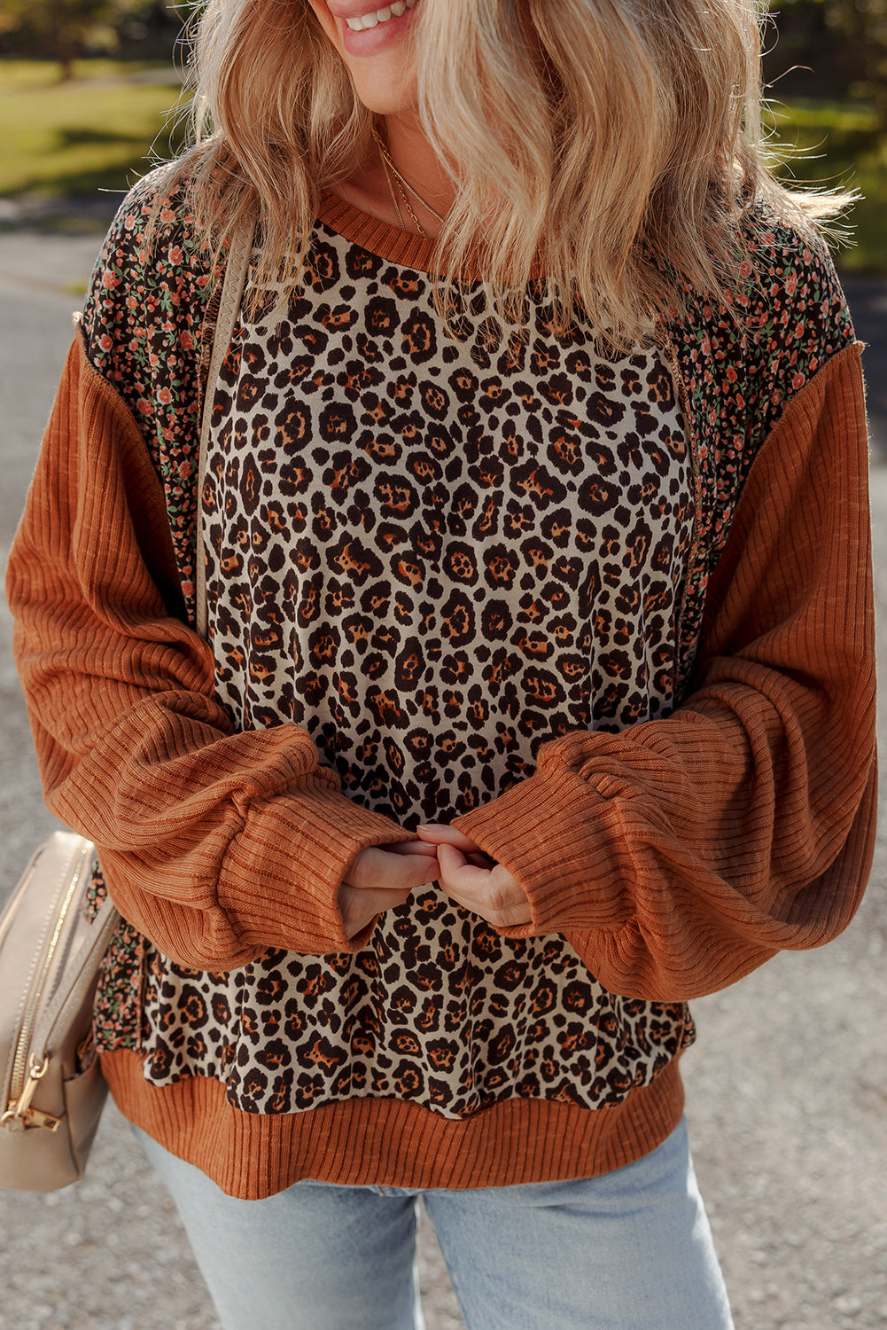 Natalie Leopard & Floral Patchwork Loose Top in Brown - Tops/Long Sleeve Tops photo