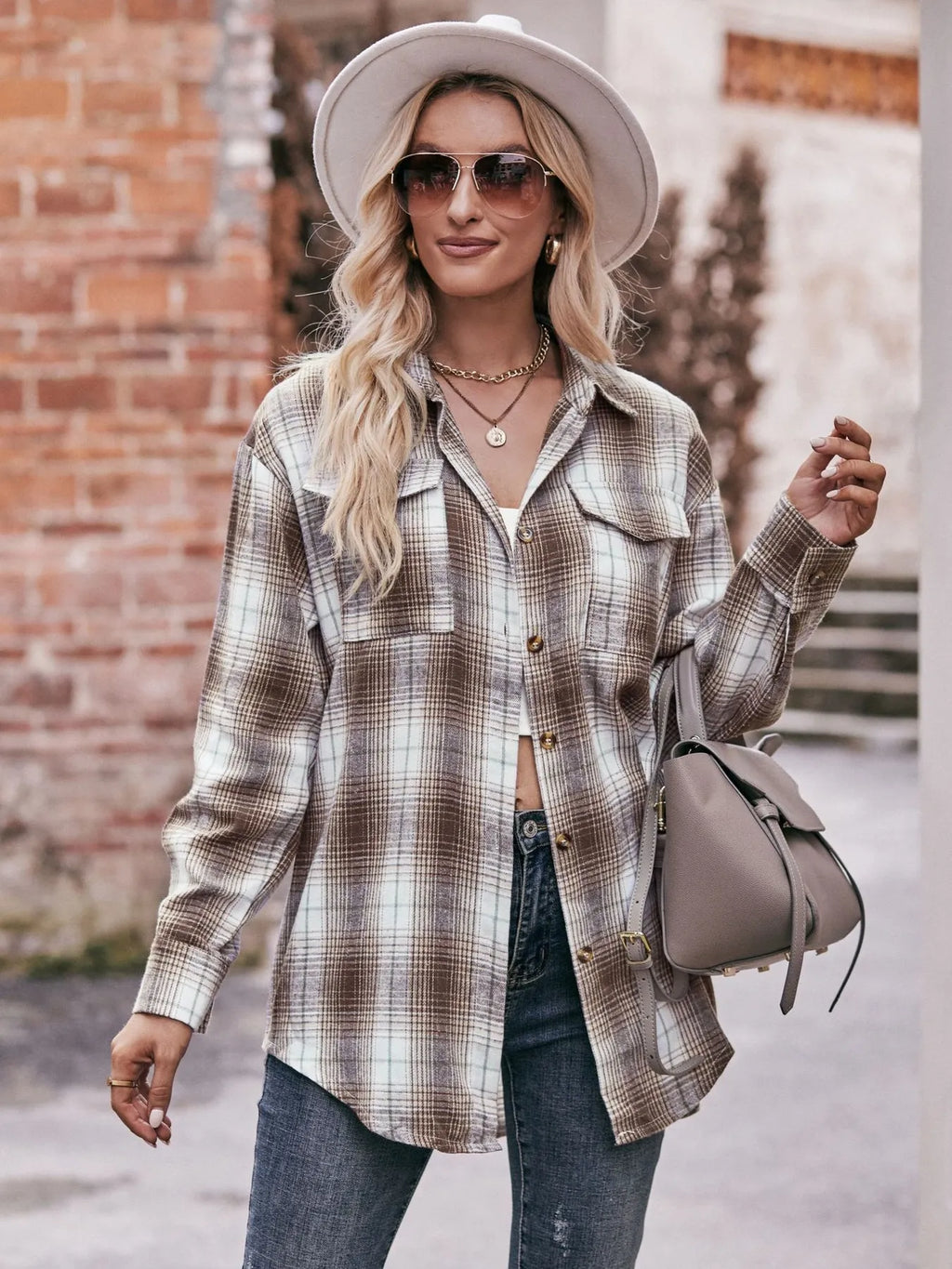 Plaid Button-Down Long Sleeve Shirt in Coffee - photo