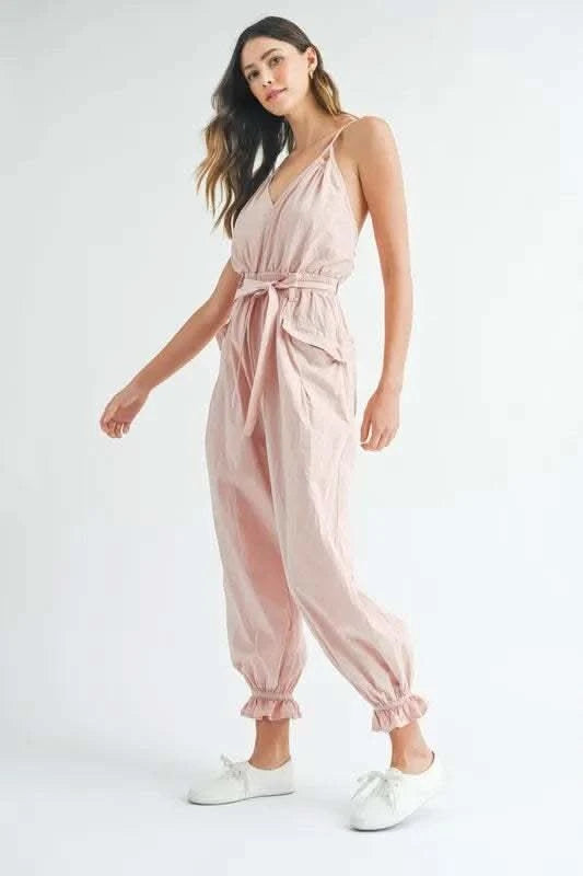 MABLE Washed Fabric Spaghetti Strap Waist Belted Jumpsuit - SwagglyLife Home & Fashion MABLE Washed Fabric Spaghetti Strap Waist Belted Jumpsuit - SwagglyLife Home & Fashion