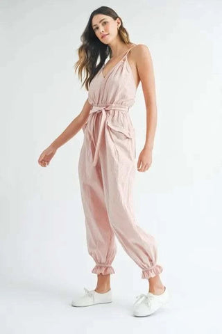 MABLE Washed Fabric Spaghetti Strap Waist Belted Jumpsuit - SwagglyLife Home & Fashion MABLE Washed Fabric Spaghetti Strap Waist Belted Jumpsuit - SwagglyLife Home & Fashion
