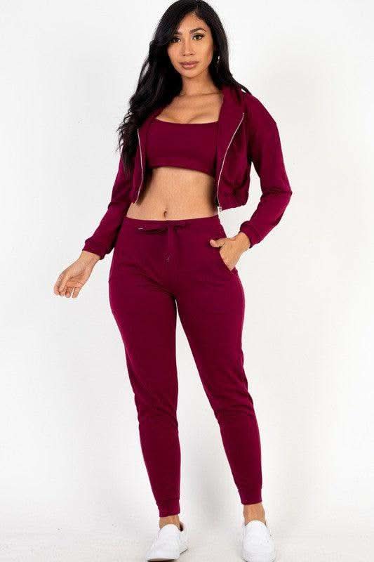 Cropped Cami with Zip-up Jacket and Joggers Set in Burgundy - photo