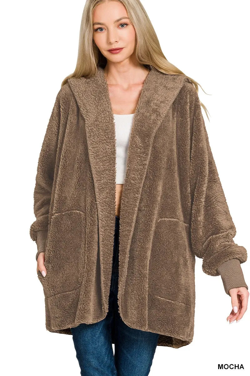 Zenana Hooded Faux Fur Jacket with Pockets in - photo