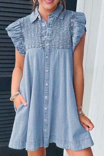 Smocked Collared Neck Cap Sleeve Denim Dress - SwagglyLife Home & Fashion