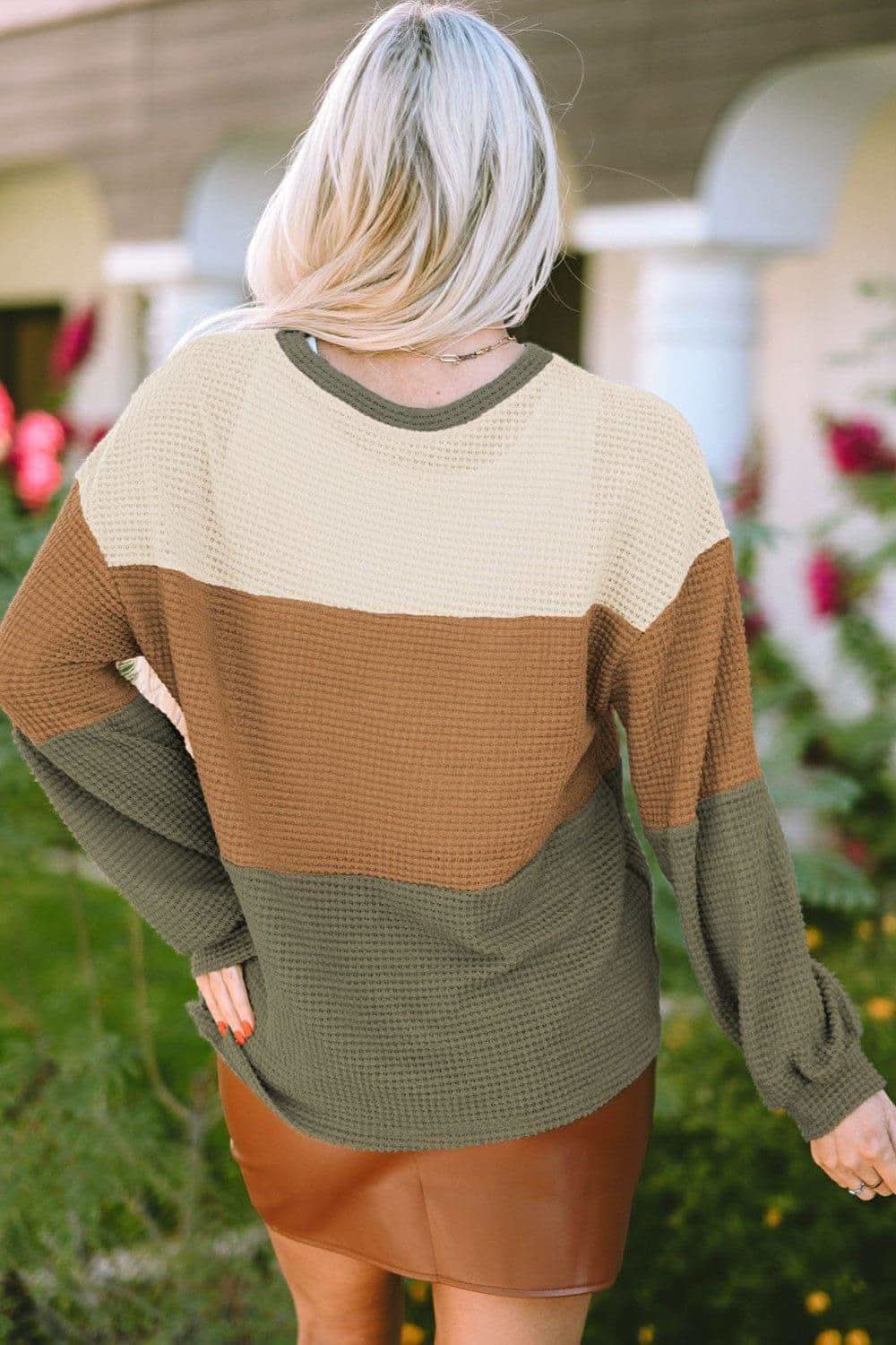 Waffle-Knit Color Block Round Neck Long Sleeve Blouse - SwagglyLife Home & Fashion