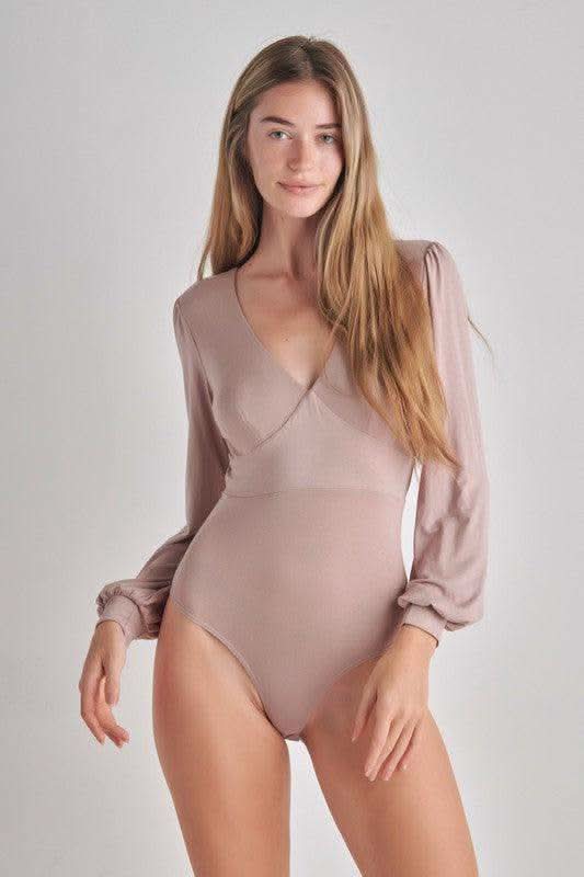 Romantic V-Neck Balloon Sleeve Tie-Back Bodysuit - SwagglyLife Home & Fashion