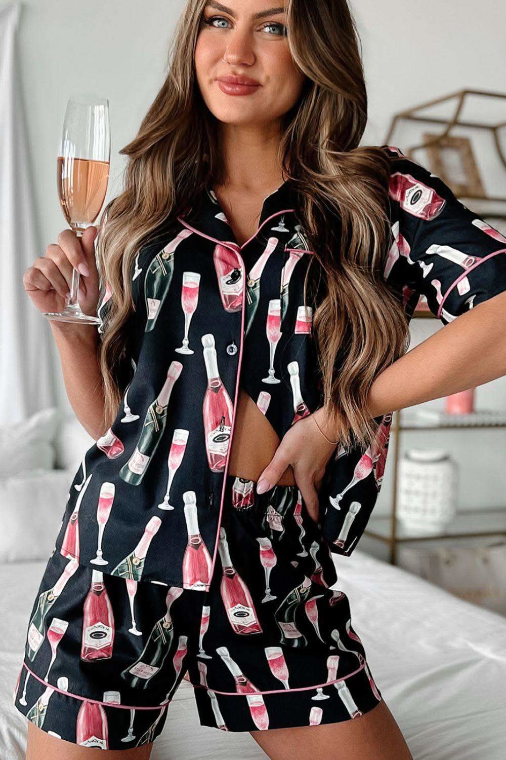 Champagne Print Short Sleeve Top and Shorts Sleepwear Set - SwagglyLife Home & Fashion Champagne Print Short Sleeve Top and Shorts Sleepwear Set - SwagglyLife Home & Fashion